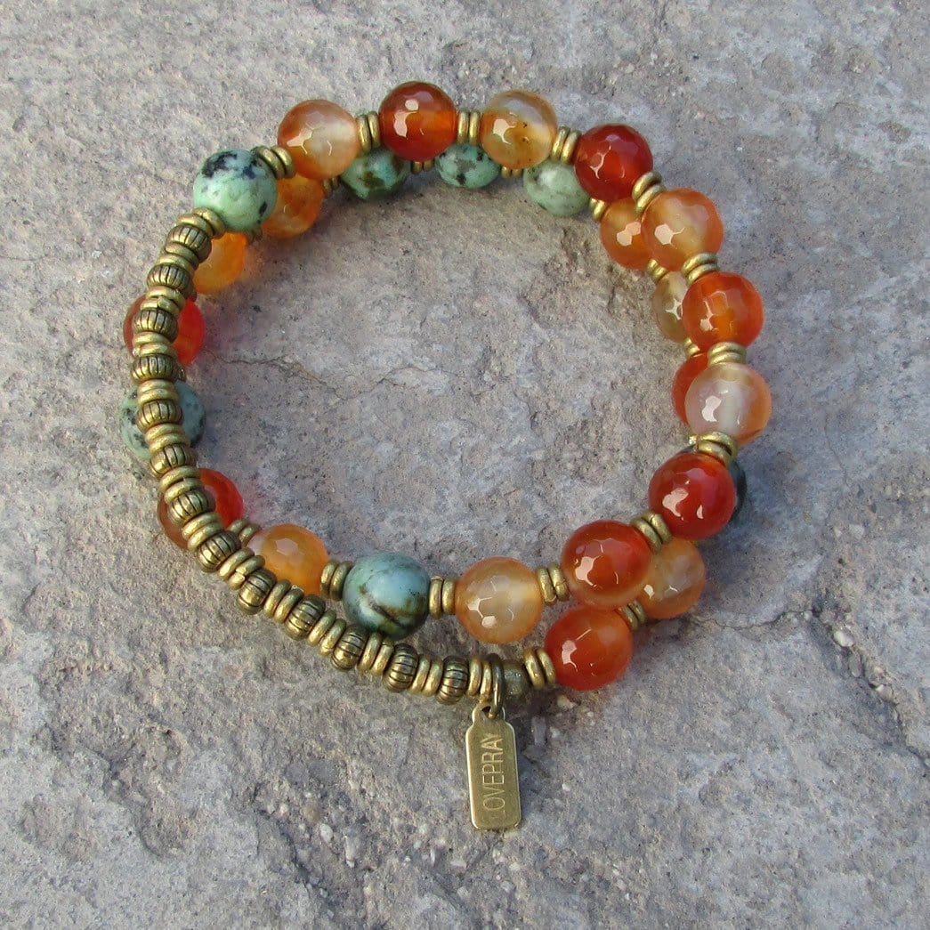 Bracelets - Change And Stability, Faceted Carnelian And African Turquoise 27 Bead Mala Wrap Bracelet