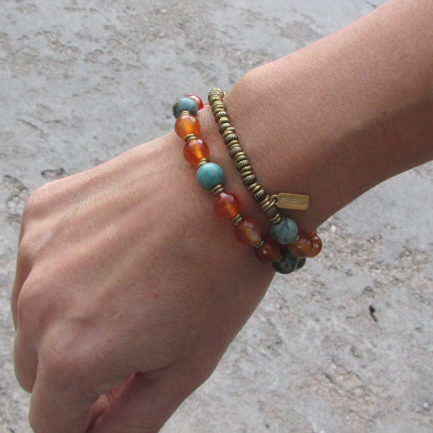 Bracelets - Change And Stability, Faceted Carnelian And African Turquoise 27 Bead Mala Wrap Bracelet