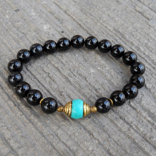 Bracelets - Communication And Patience, Genuine Onyx And Tibetan Capped Turquoise Guru Bead Mala Bracelet