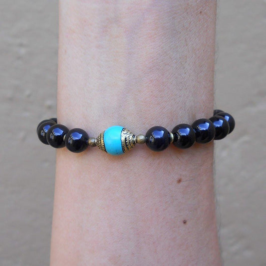 Bracelets - Communication And Patience, Genuine Onyx And Tibetan Capped Turquoise Guru Bead Mala Bracelet