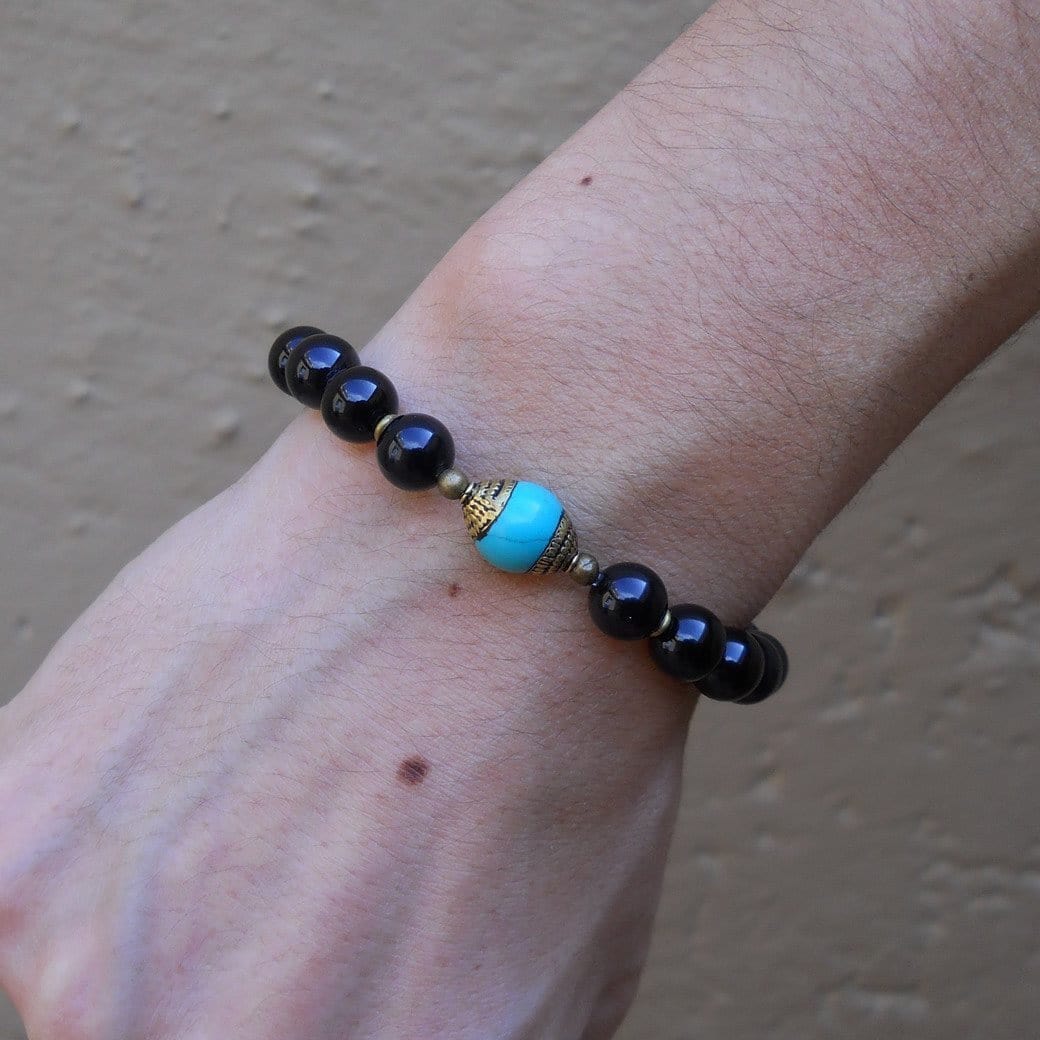 Bracelets - Communication And Patience, Genuine Onyx And Tibetan Capped Turquoise Guru Bead Mala Bracelet