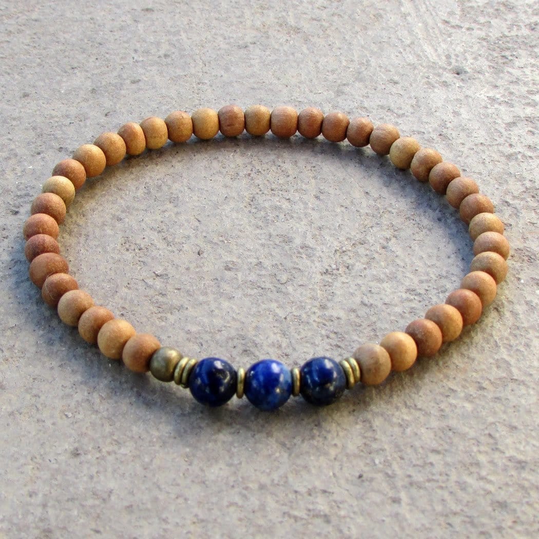 Bracelets - Compassion - Sixth Chakra, Sandalwood And  Genuine Lapis Lazuli Gemstone Mala Bracelet