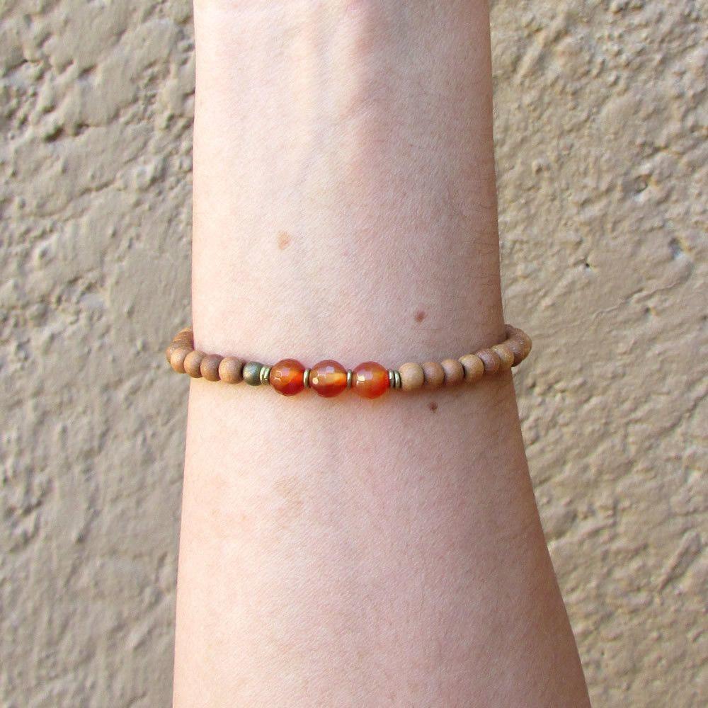 Bracelets - Creativity, Second Chakra, Sandalwood And Genuine Carnelian Gemstone Mala Bracelet