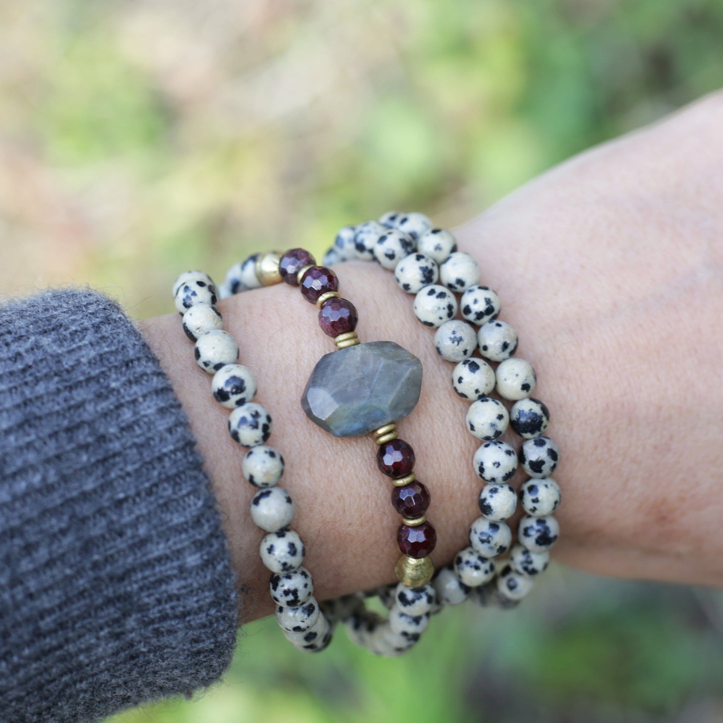 Dalmatian Jasper And Garnet Mala Bracelet