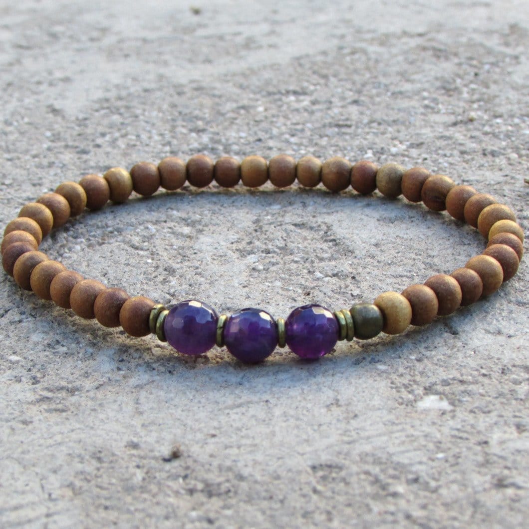 Bracelets - Focus - Seventh Chakra, Sandalwood And Genuine Amethyst Mala Bracelet