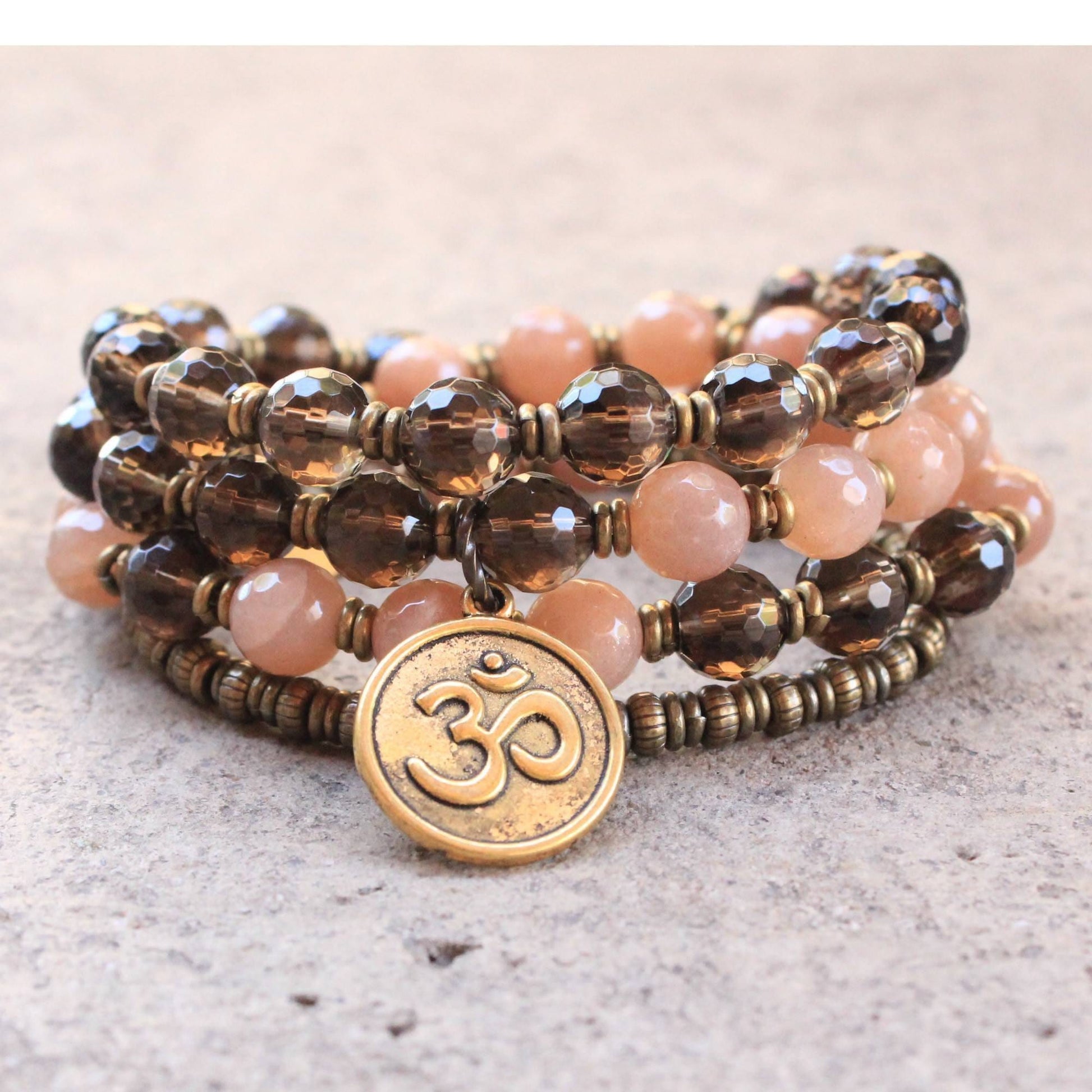 Bracelets - Genuine Faceted Sunstone And Smoky Quartz 54 Bead Mala Necklace Or Bracelet With Om Pendant