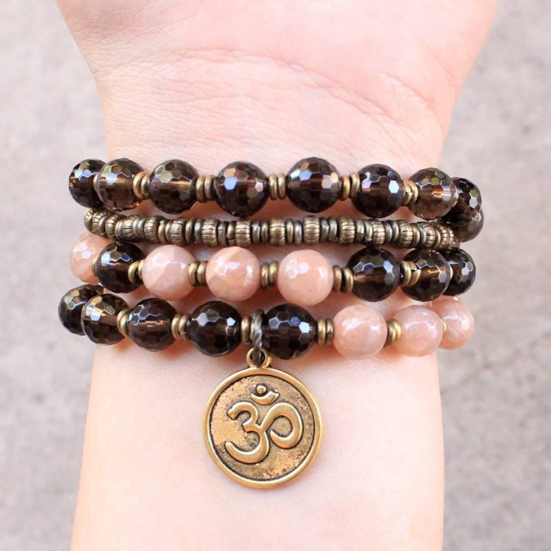 Bracelets - Genuine Faceted Sunstone And Smoky Quartz 54 Bead Mala Necklace Or Bracelet With Om Pendant