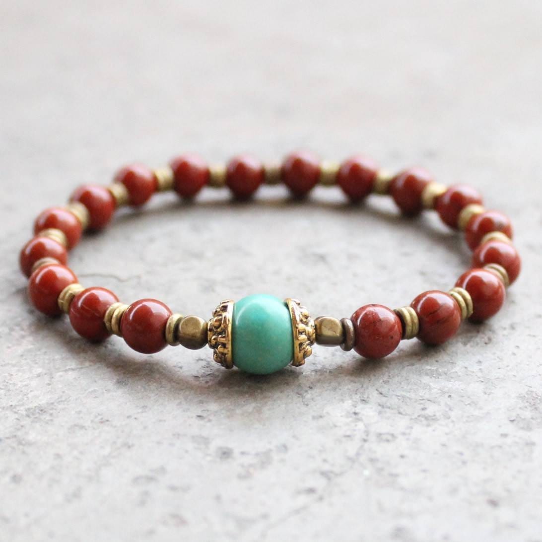 Bracelets - Genuine Red Jasper And Turquoise Gemstone Mala Bracelet