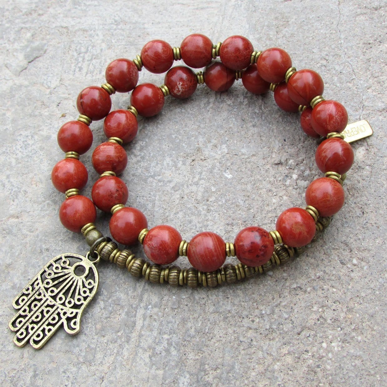 Bracelets - Grounding, Root Chakra, Genuine Red Jasper 27 Bead Mala Bracelet With Hamsa Hand