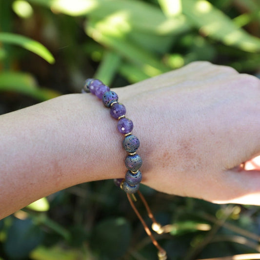 Amethyst & Lava Stone Beads Wrist Bracelet