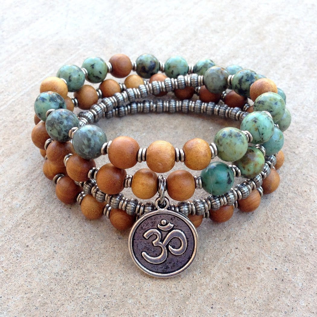 Bracelets - Healing And Change, Sandalwood And African Turquoise 54 Beads Mala Bracelet Or Necklace