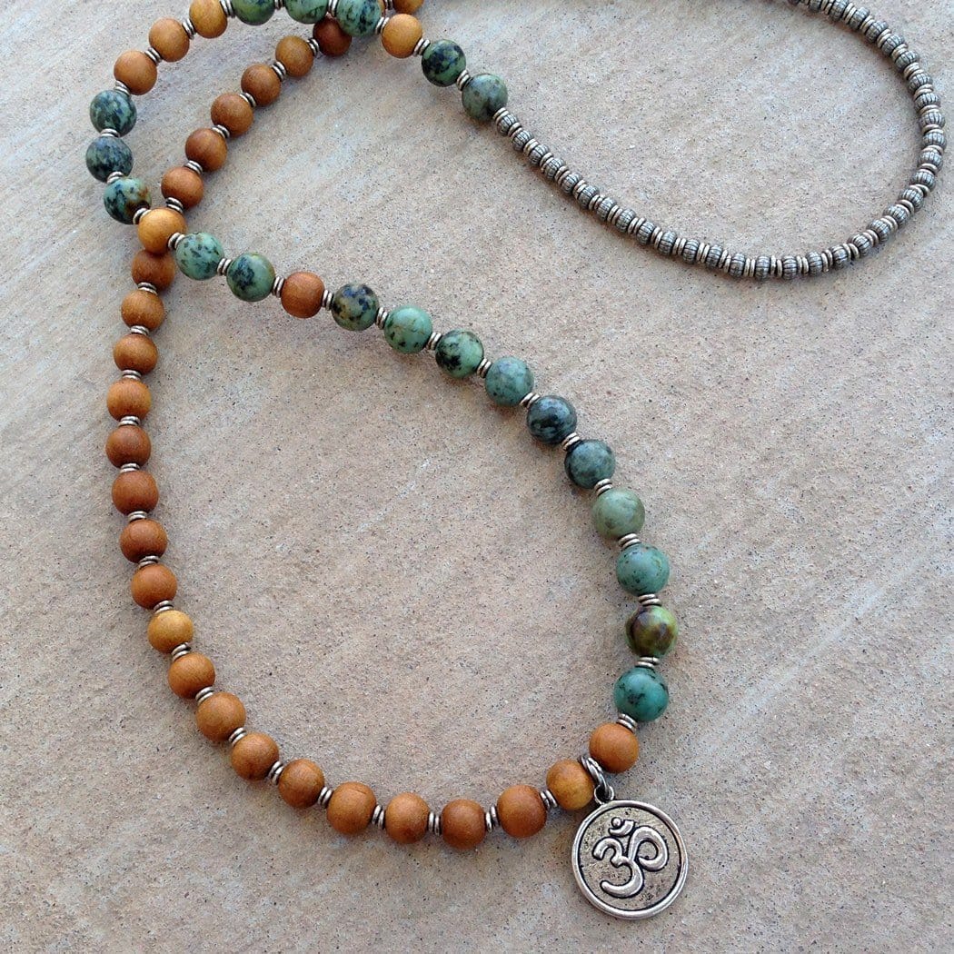 Bracelets - Healing And Change, Sandalwood And African Turquoise 54 Beads Mala Bracelet Or Necklace
