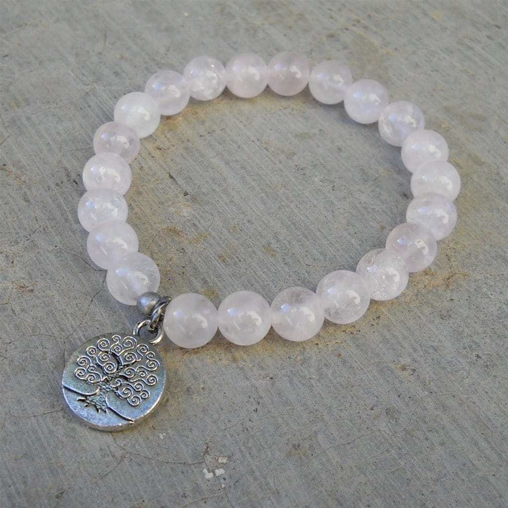 Bracelets - Healing And Wisdom, Genuine Rose Quartz Gemstone Mala Bracelet With Tree Of Life Charm
