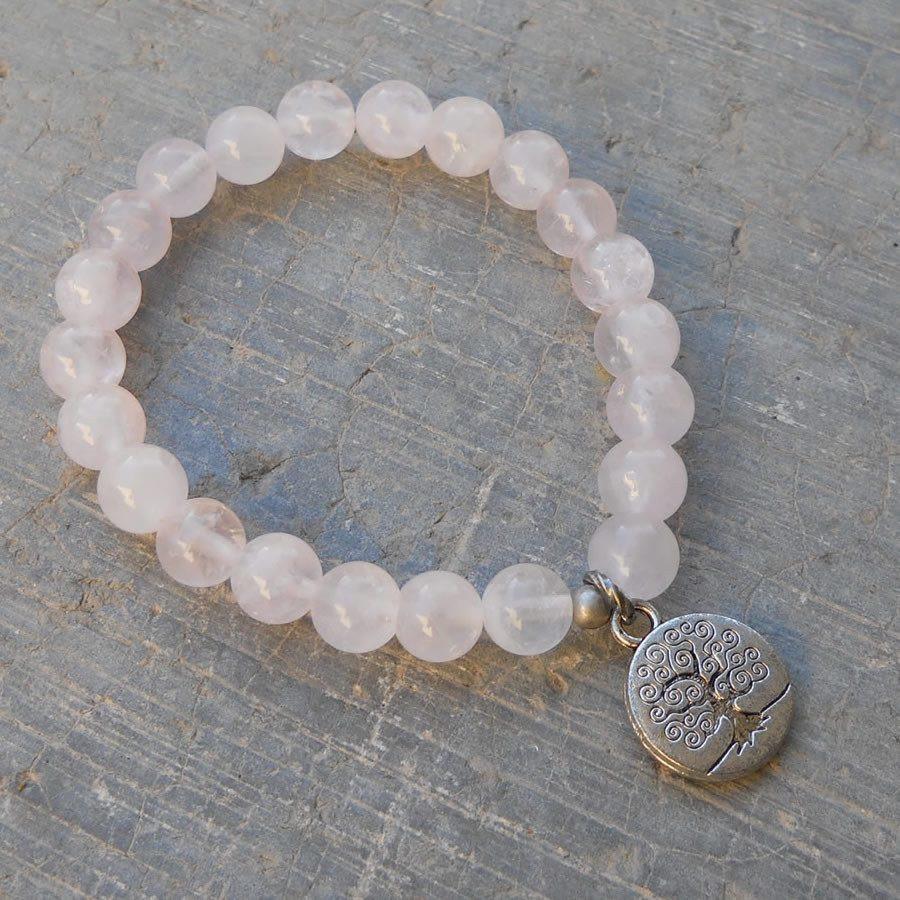 Bracelets - Healing And Wisdom, Genuine Rose Quartz Gemstone Mala Bracelet With Tree Of Life Charm