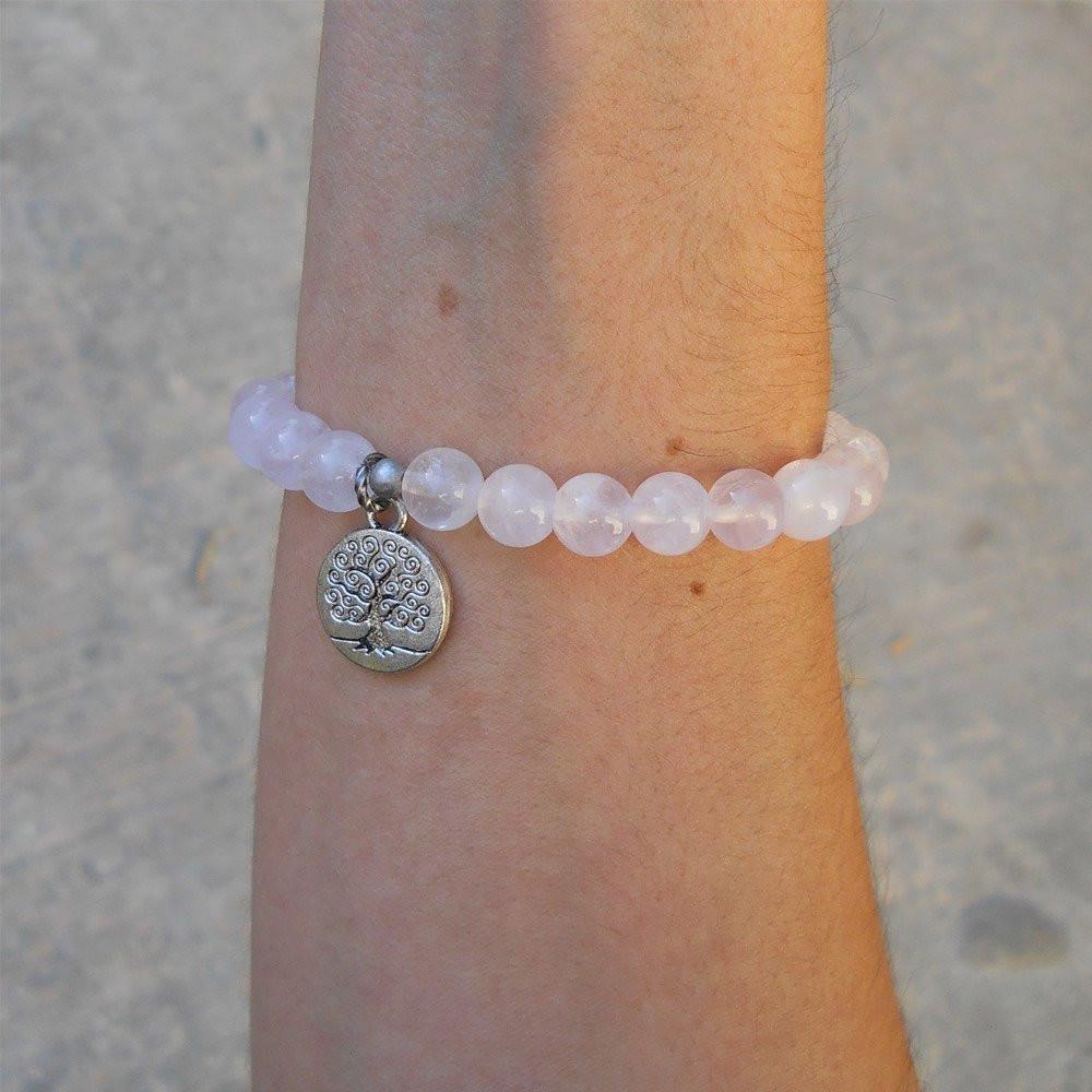 Bracelets - Healing And Wisdom, Genuine Rose Quartz Gemstone Mala Bracelet With Tree Of Life Charm