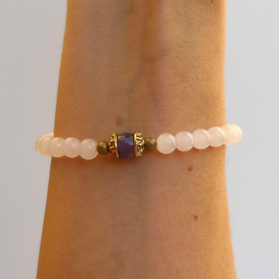 Bracelets - Healing, Genuine Rose Quartz And Amethyst Guru Bead Bracelet