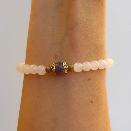 Bracelets - Healing, Genuine Rose Quartz And Amethyst Guru Bead Bracelet