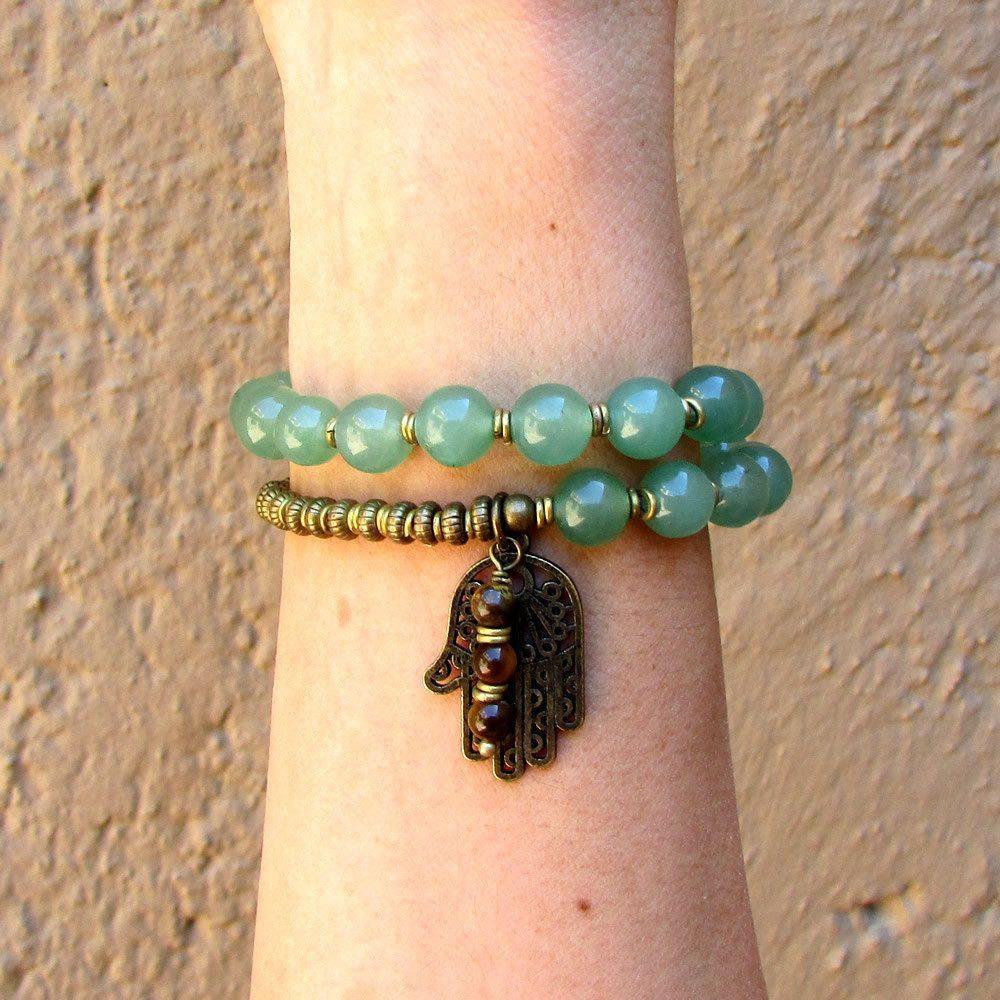 Bracelets - Heart Chakra, Green Aventurine 27 Bead Wrap Mala Bracelet With Hamsa Hand