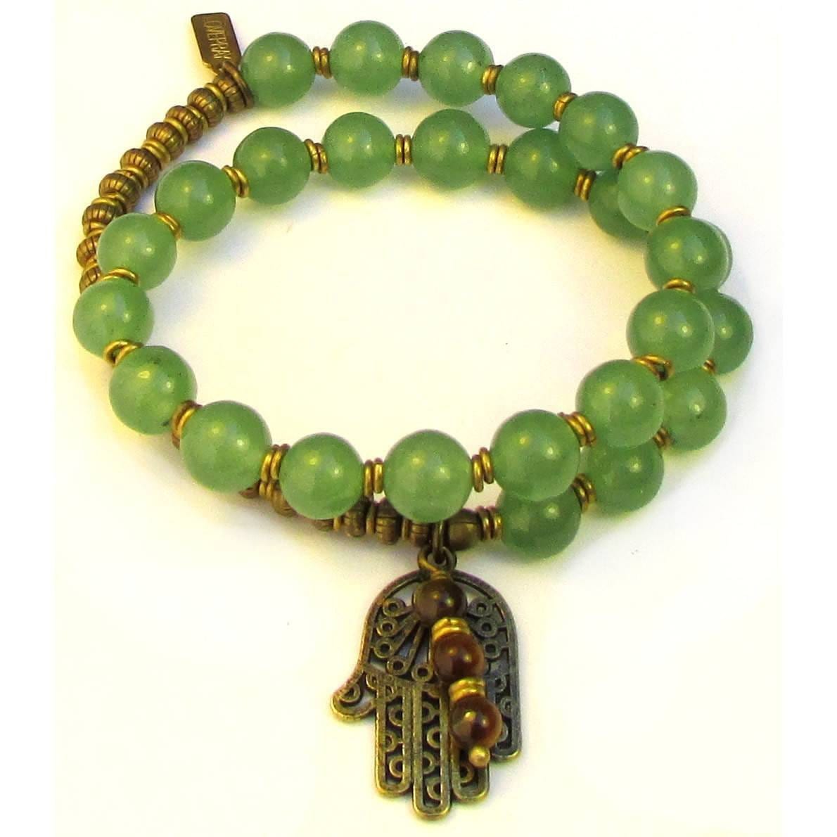 Bracelets - Heart Chakra, Green Aventurine 27 Bead Wrap Mala Bracelet With Hamsa Hand