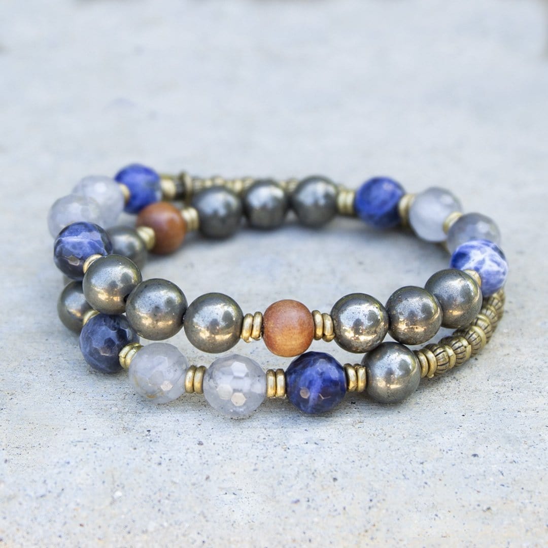 Bracelets - "Intuition And Strength" Pyrite, Sodalite And Quartz Crystal Mala Bracelet