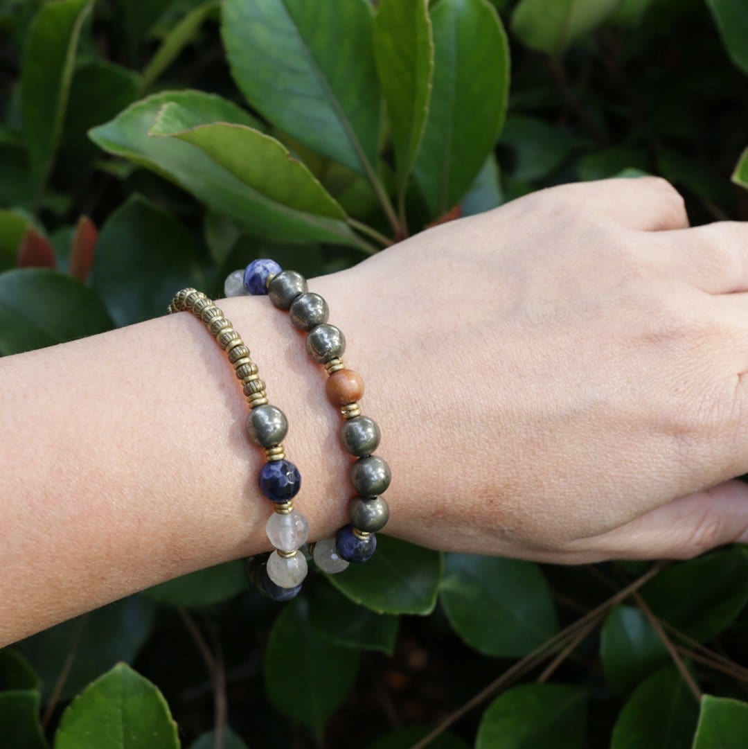 Bracelets - "Intuition And Strength" Pyrite, Sodalite And Quartz Crystal Mala Bracelet