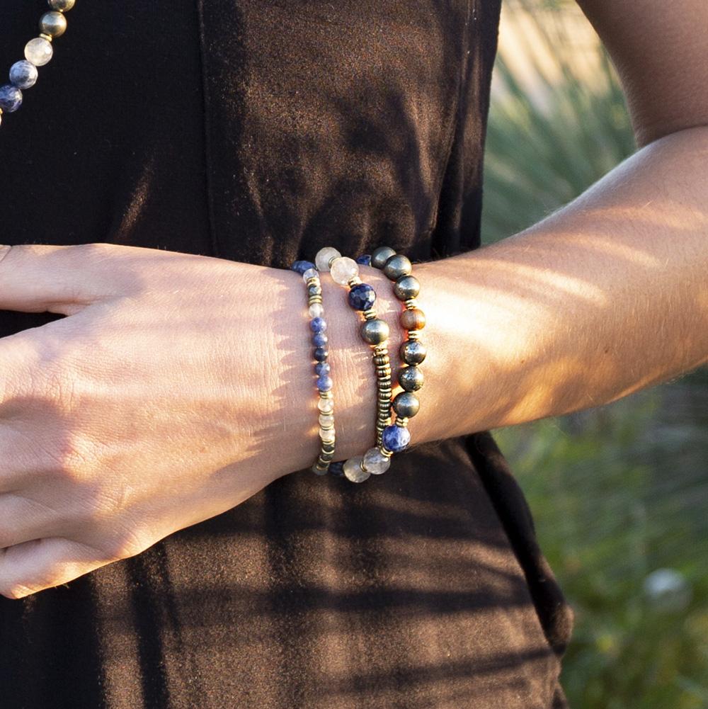 Bracelets - "Intuition And Strength" Pyrite, Sodalite And Quartz Crystal Mala Bracelet
