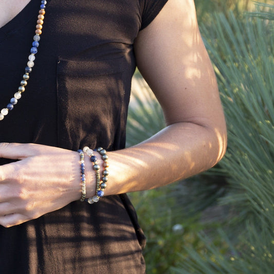 Bracelets - "Intuition And Strength" Sodalite And Quartz Crystal Delicate Gemstone Bracelet on hand model