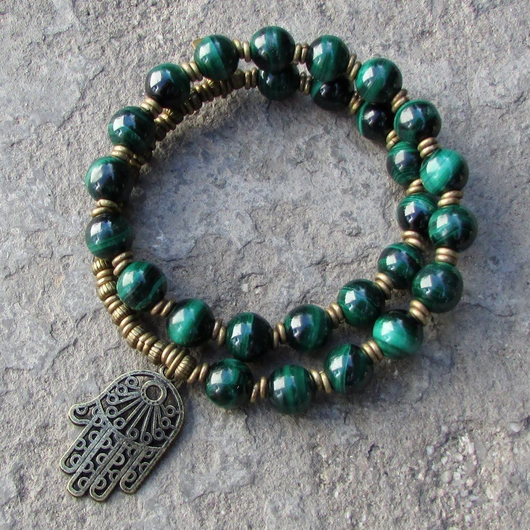 Bracelets - Intuition, Malachite 27 Bead Mala Bracelet With Hamsa Hand