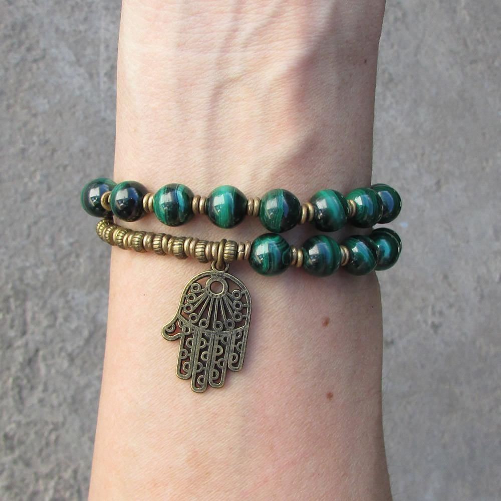 Bracelets - Intuition, Malachite 27 Bead Mala Bracelet With Hamsa Hand