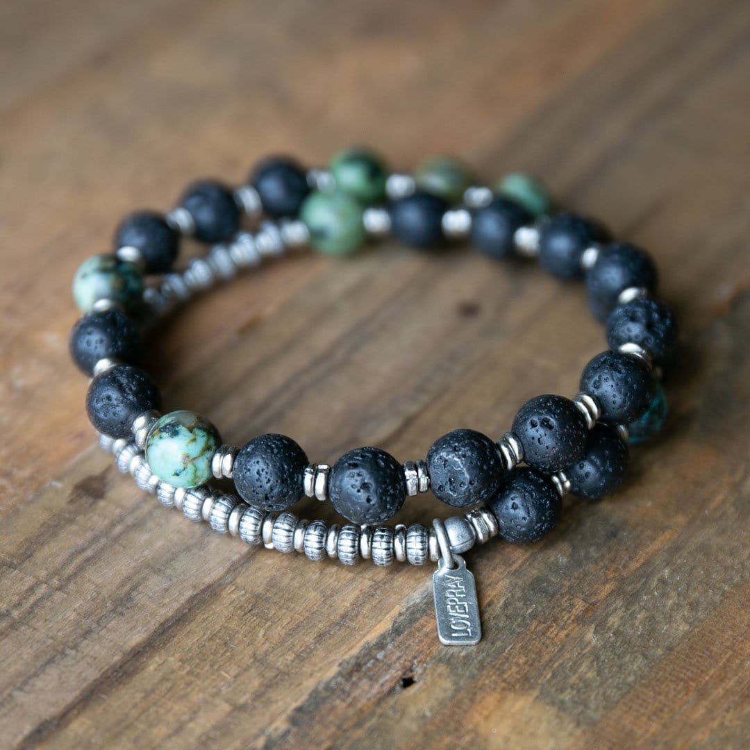 Bracelets - Lava Rock And African Turquoise Men's Wrap Bracelet, Throat Chakra Bracelet