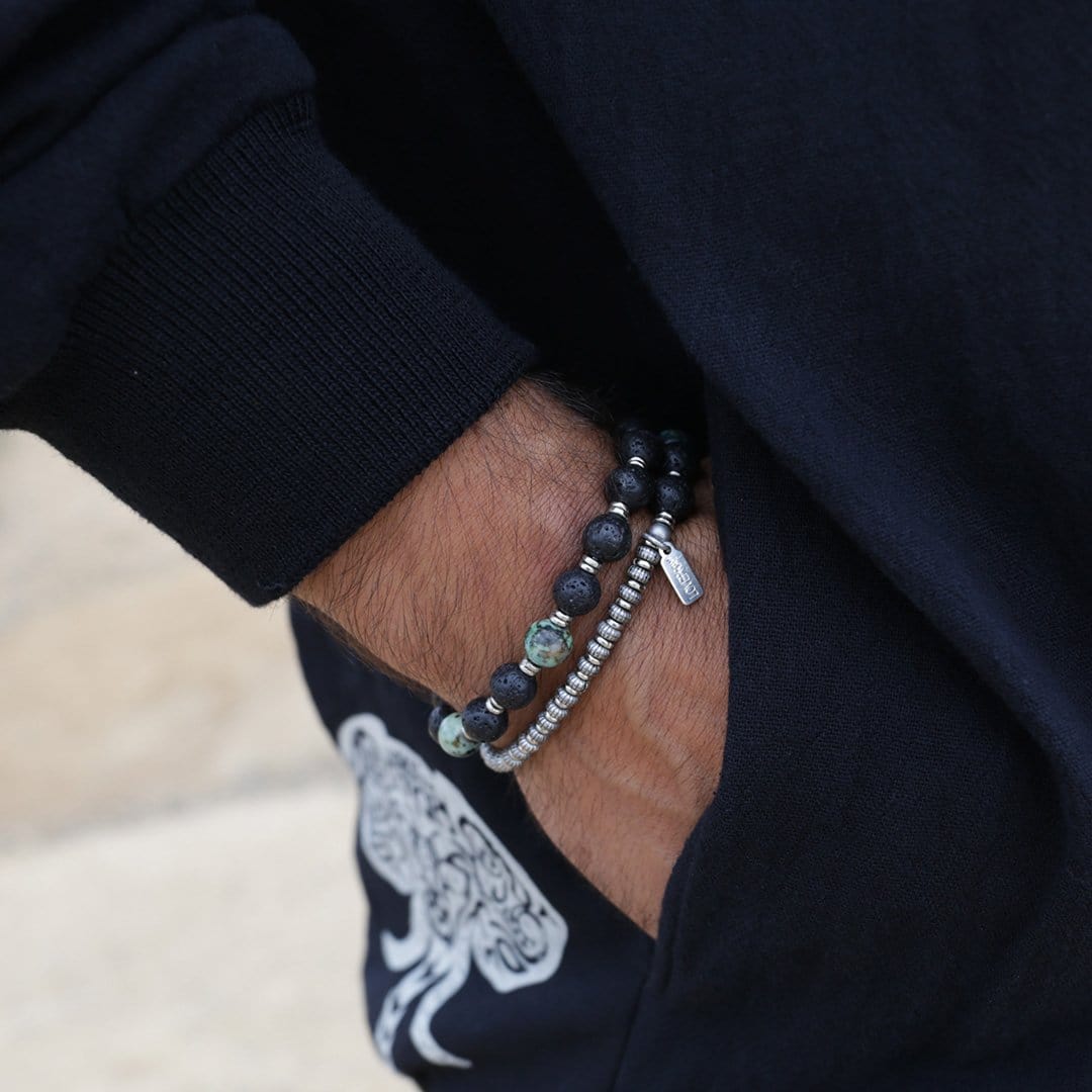 Bracelets - Lava Rock And African Turquoise Men's Wrap Bracelet, Throat Chakra Bracelet