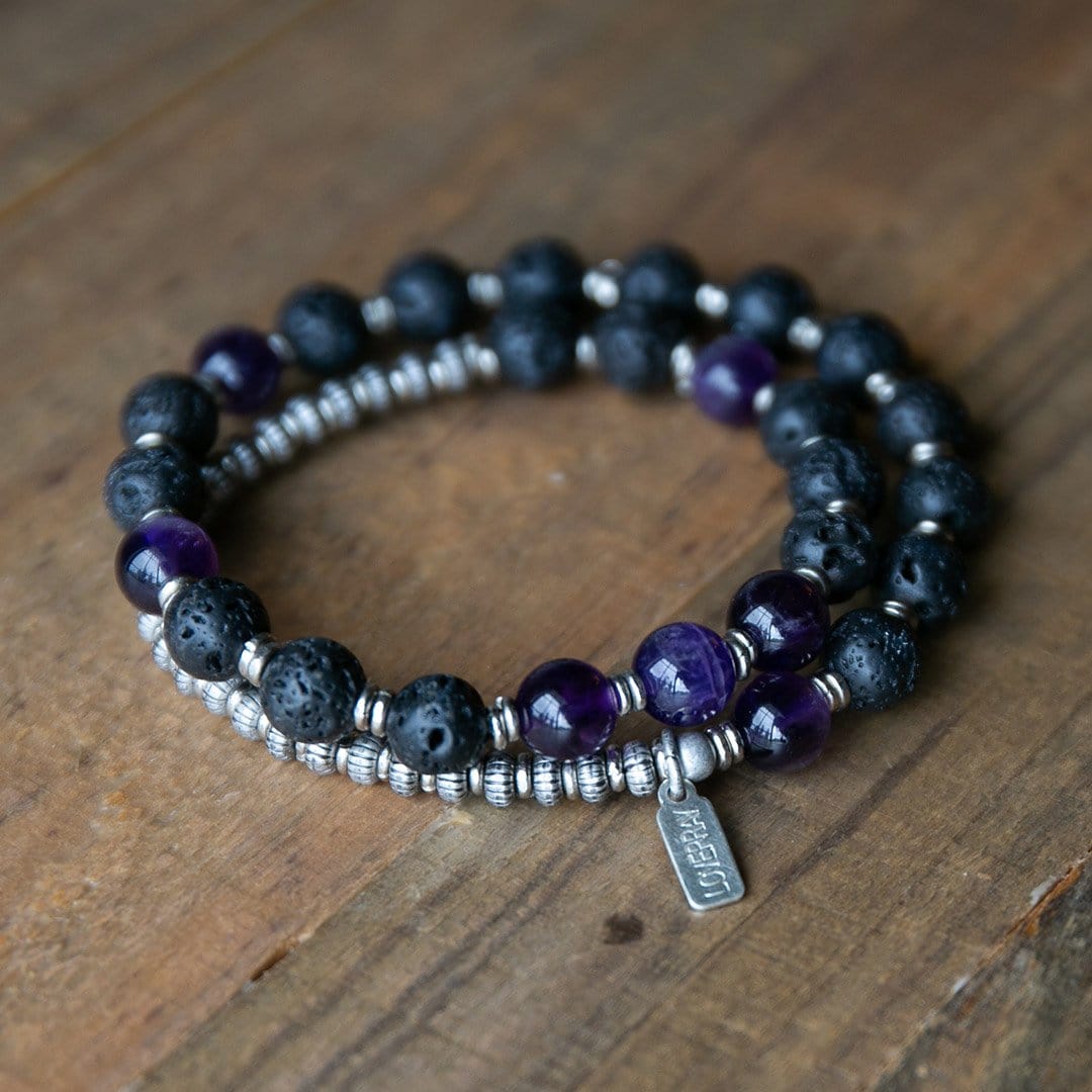 Bracelets - Lava Rock And Amethyst Men's Wrap Bracelet, Crown Chakra Bracelet