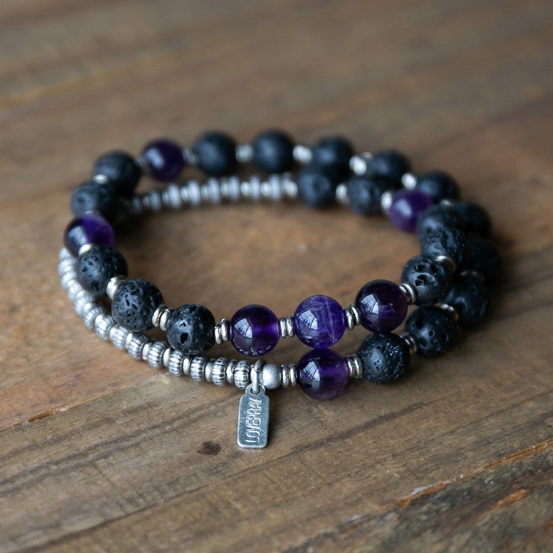 Bracelets - Lava Rock And Amethyst Men's Wrap Bracelet, Crown Chakra Bracelet