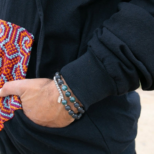 Bracelets - Lava Rock And Moss Agate Men's Wrap Bracelet, Heart Chakra Bracelet