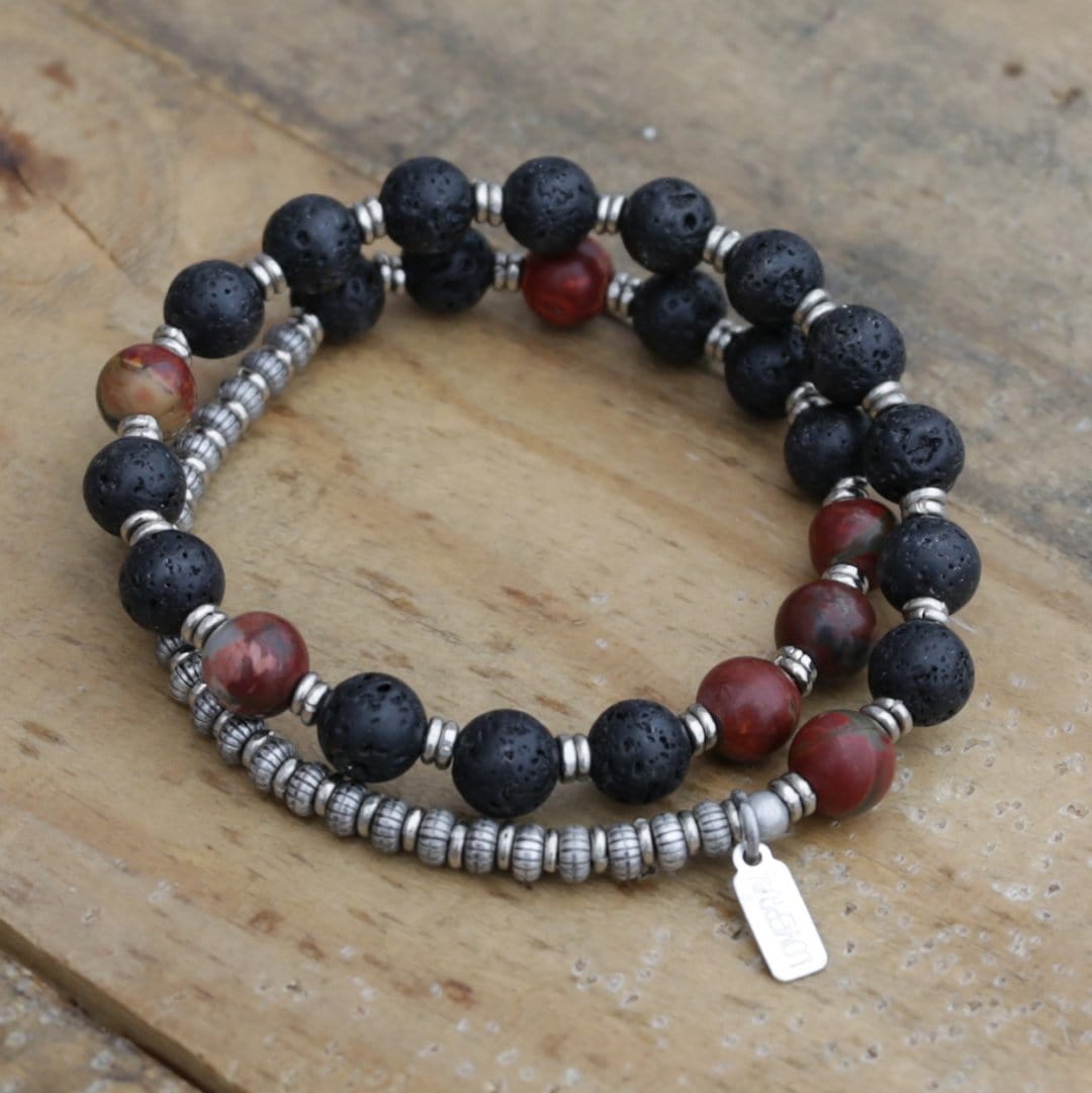 Bracelets - Lava Rock And Picasso Jasper Men's Wrap Bracelet, Sacral Chakra Bracelet