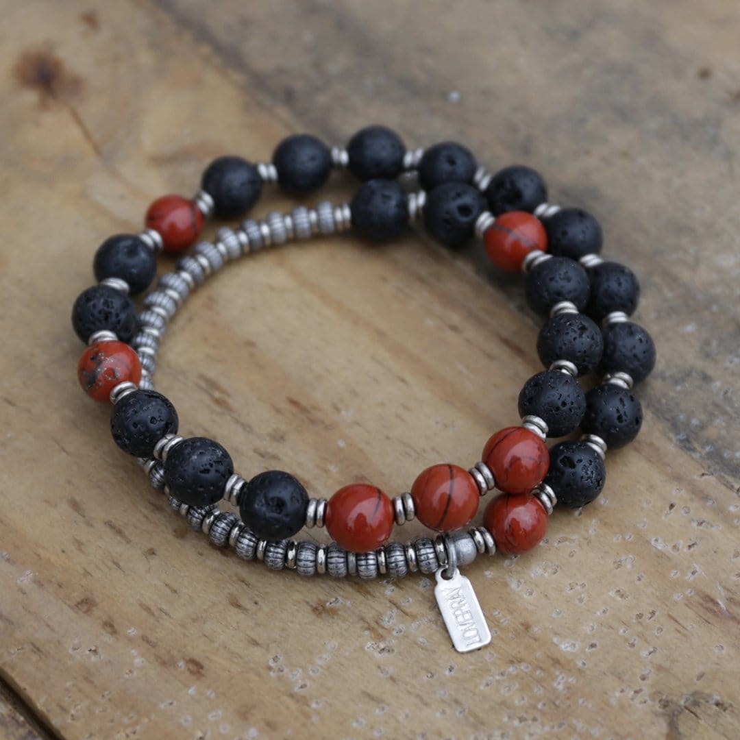 Bracelets - Lava Rock And Red Jasper Men's Wrap Bracelet, Root Chakra Bracelet