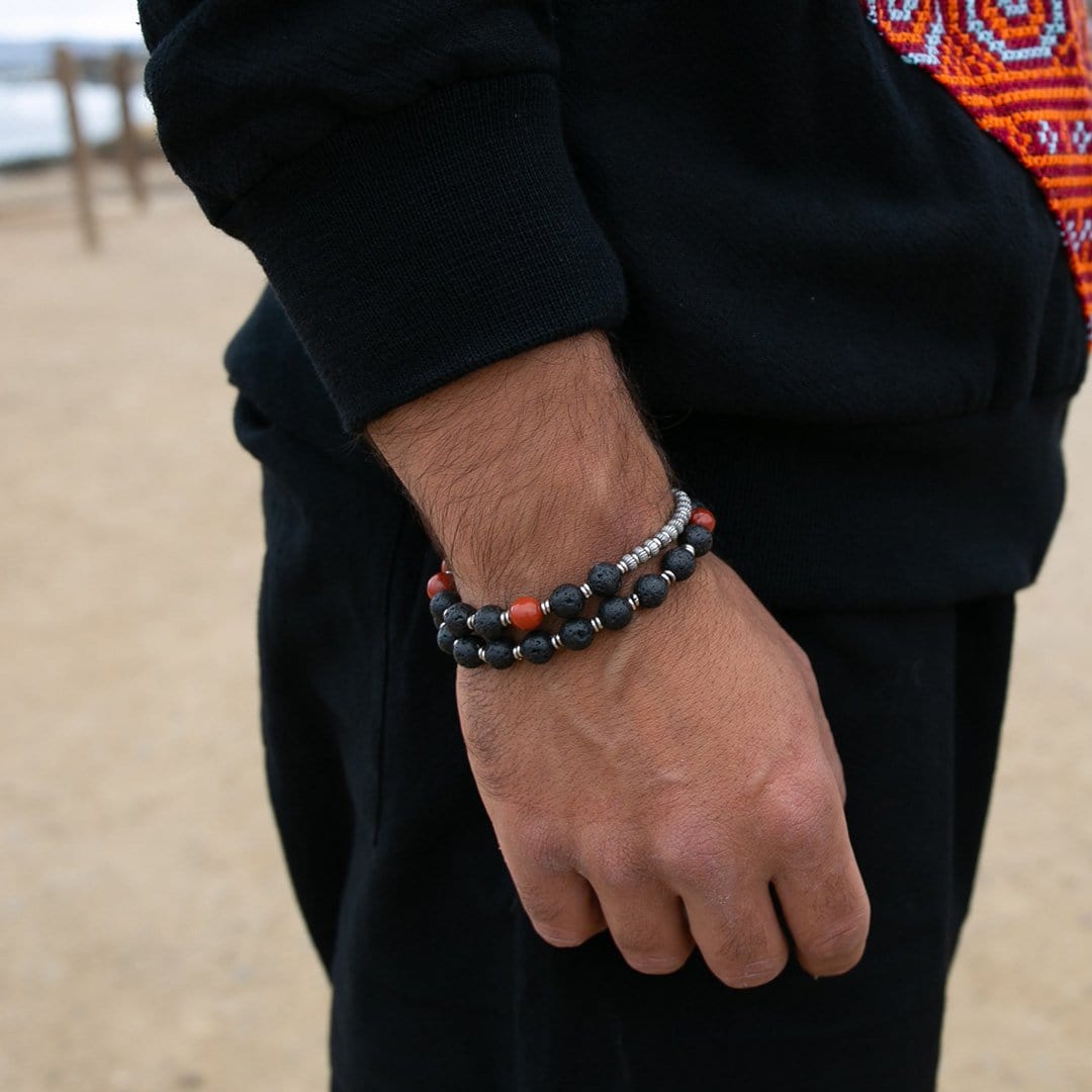 Bracelets - Lava Rock And Red Jasper Men's Wrap Bracelet, Root Chakra Bracelet