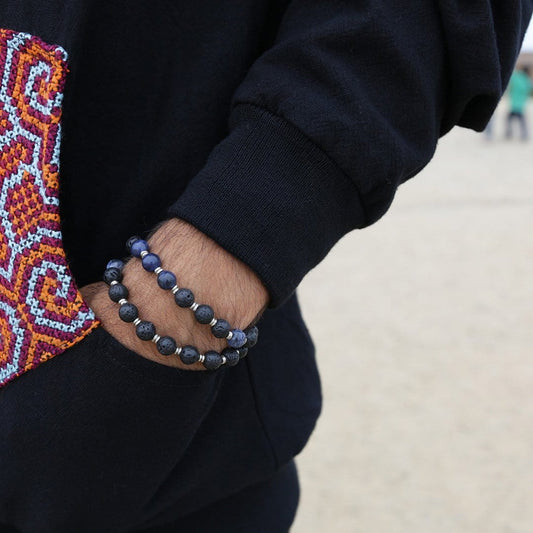 Bracelets - Lava Rock And Sodalite Men's Wrap Bracelet, Third Eye Chakra Bracelet