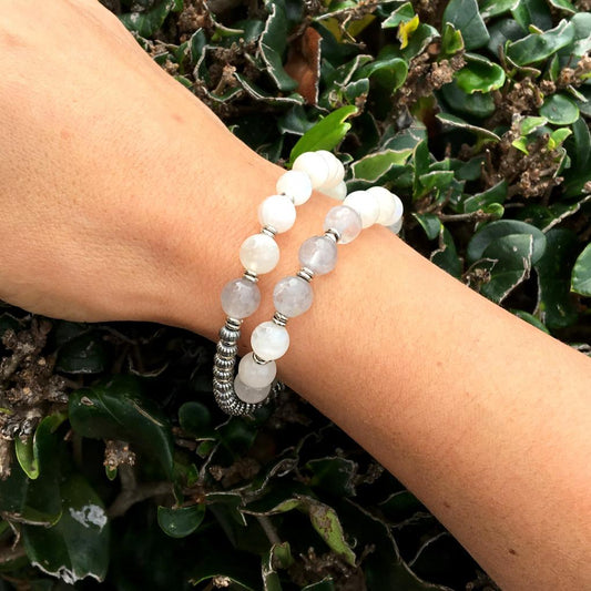 Bracelets - Love And Abundance, Moonstone And Cloudy Quartz 27 Bead Wrist Mala Bracelet