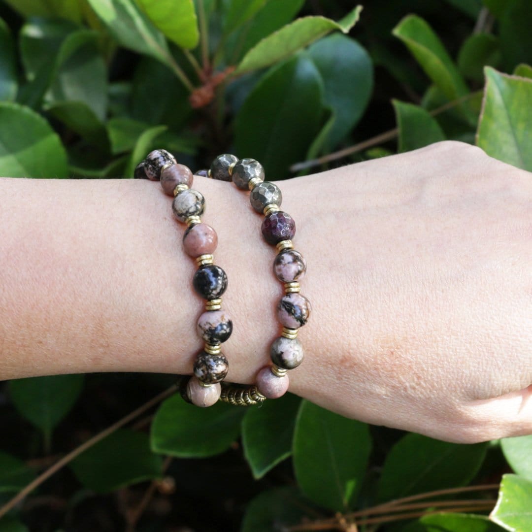 Bracelets - "Love And Confidence" Rhodonite Pyrite And Garnet Mala Bracelet