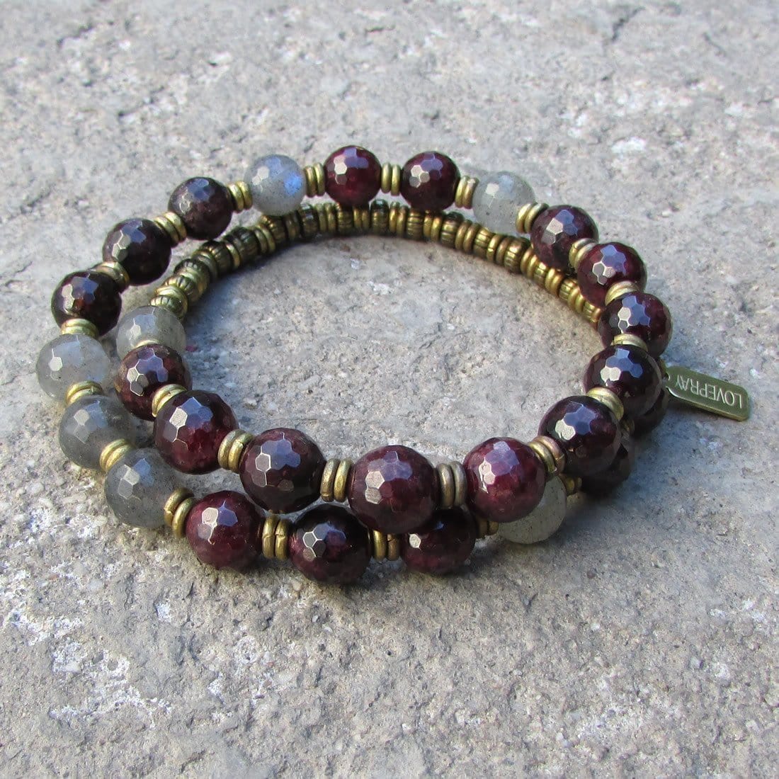 Bracelets - Love And Serendipity, Genuine Garnet And Labradorite 27 Bead Wrap Mala Bracelet