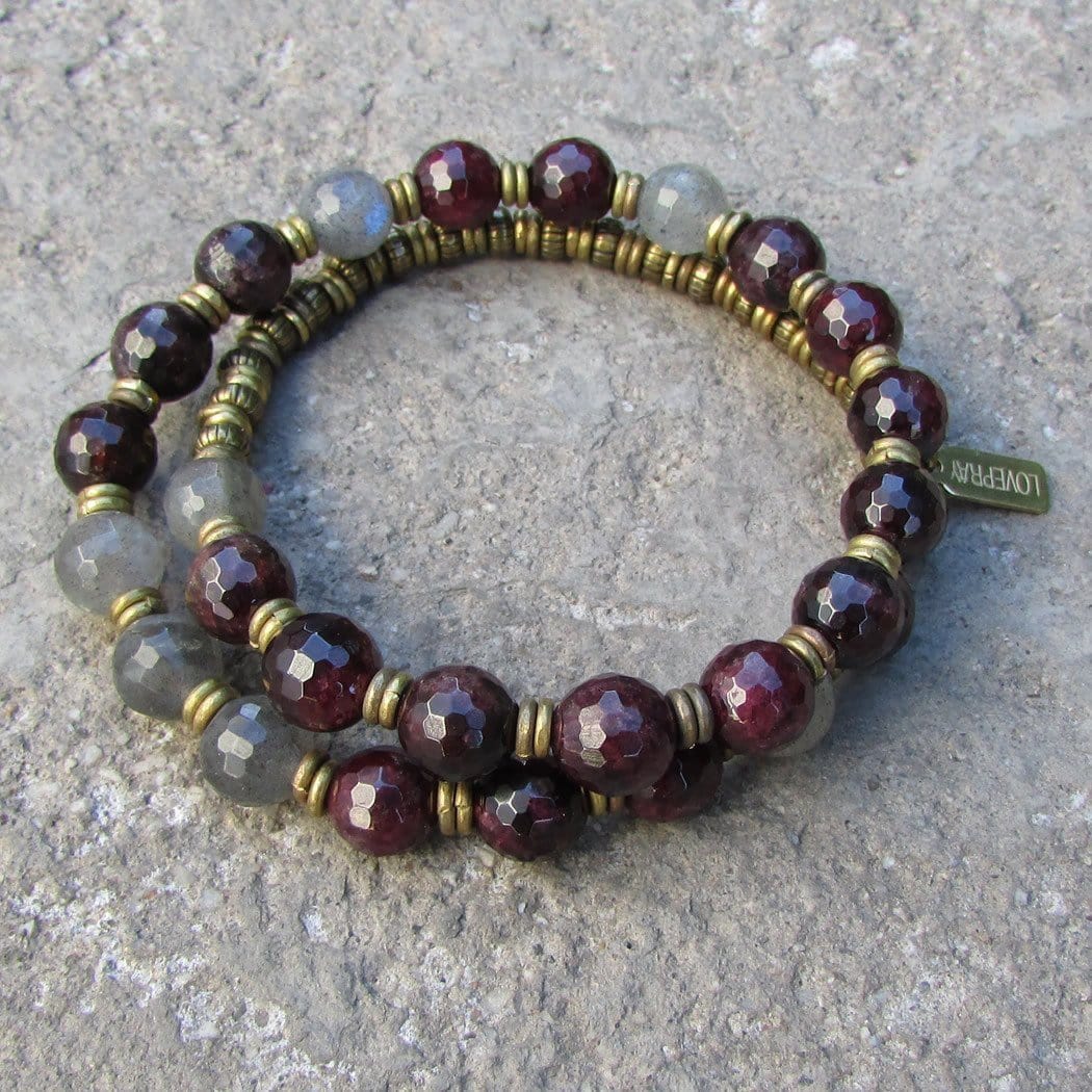 Bracelets - Love And Serendipity, Genuine Garnet And Labradorite 27 Bead Wrap Mala Bracelet