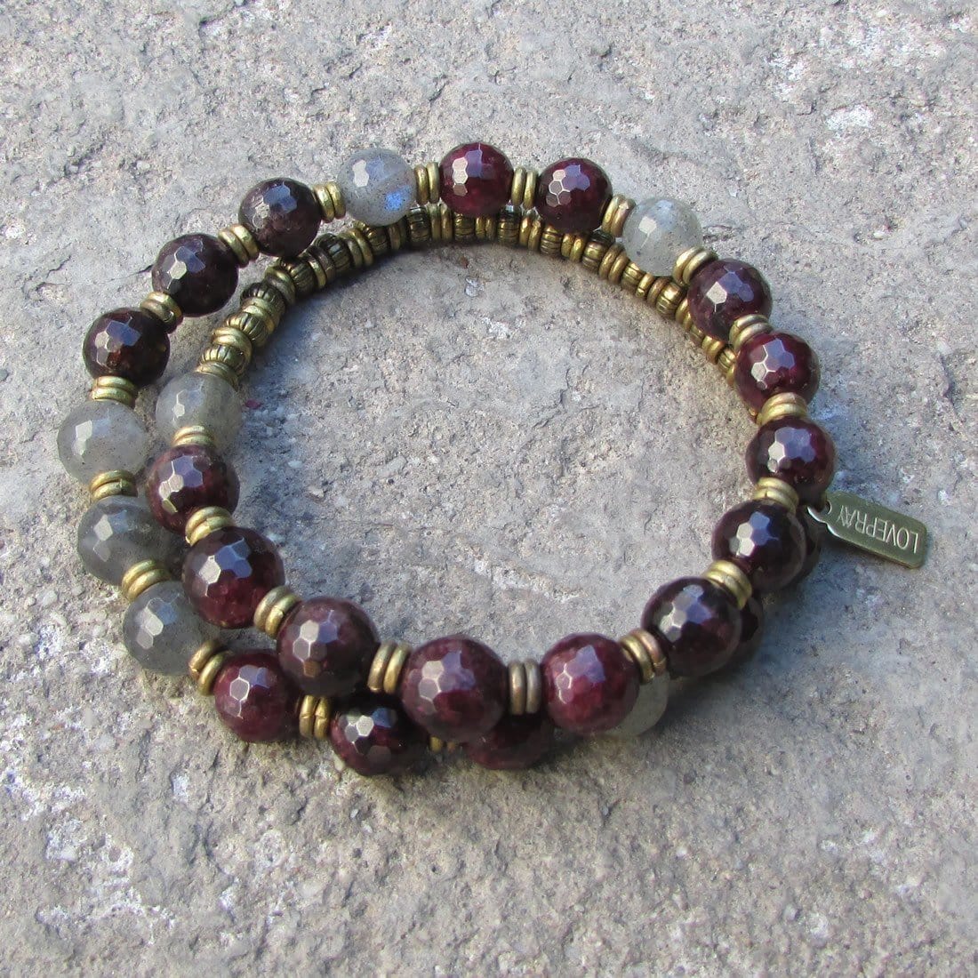 Bracelets - Love And Serendipity, Genuine Garnet And Labradorite 27 Bead Wrap Mala Bracelet
