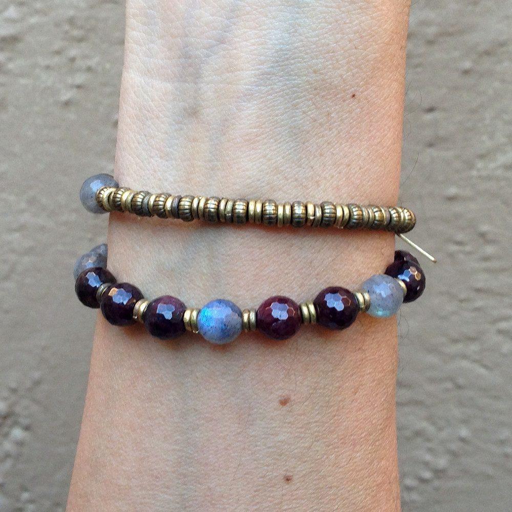 Bracelets - Love And Serendipity, Genuine Garnet And Labradorite 27 Bead Wrap Mala Bracelet