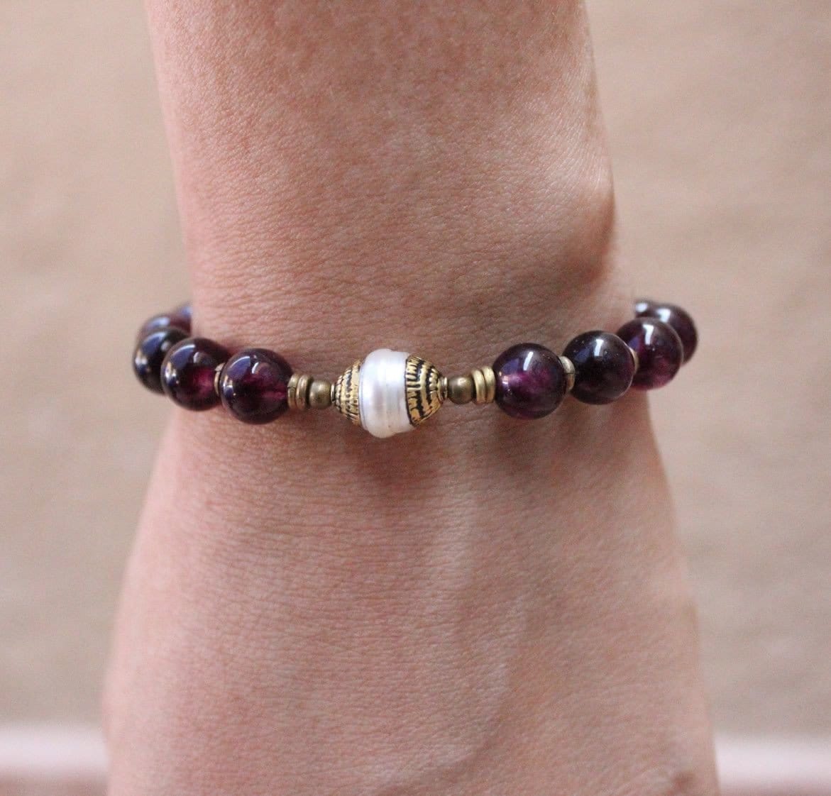 Bracelets - Love, Genuine Garnet Gemstone Mala Bracelet With Tibetan Capped Pearl Guru Bead