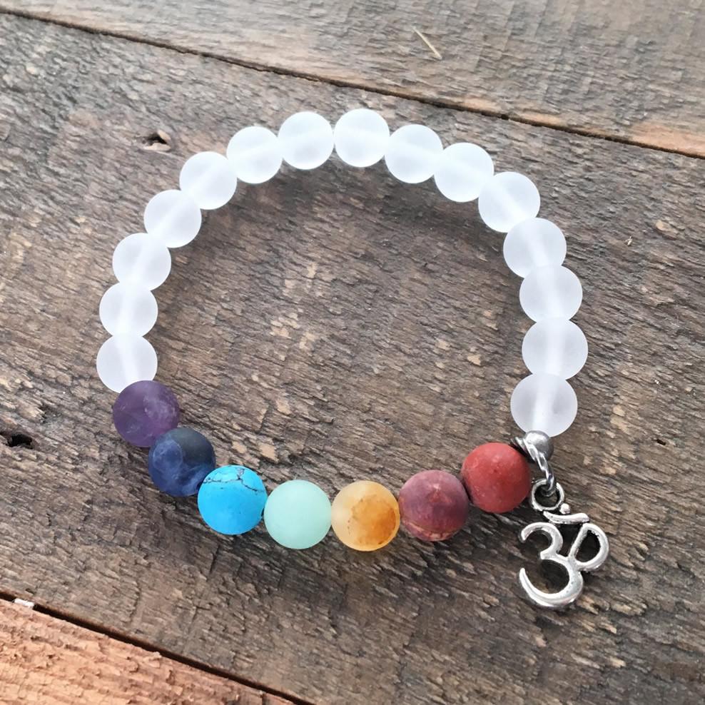 Bracelets - Matte Gemstone Chakra Bracelet With Crystal Quartz And Om Charm