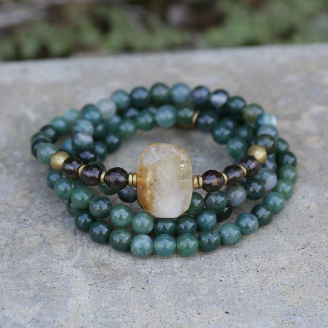 Bracelets - Moss Agate And Smoky Quartz Mala Bracelet