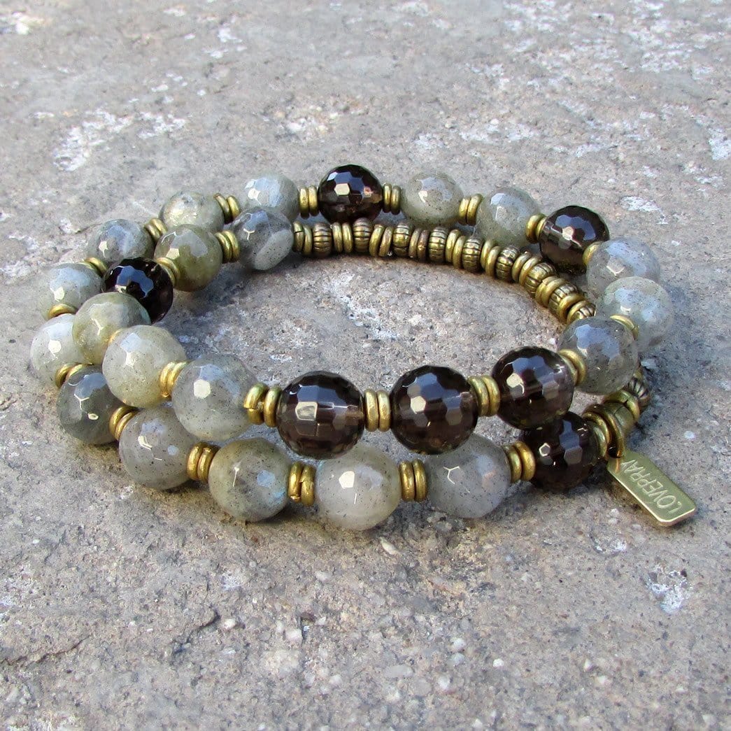 Bracelets - Positivity And Serendipity, Genuine Labradorite And Smoky Quartz 27 Bead Wrap Mala Bracelet
