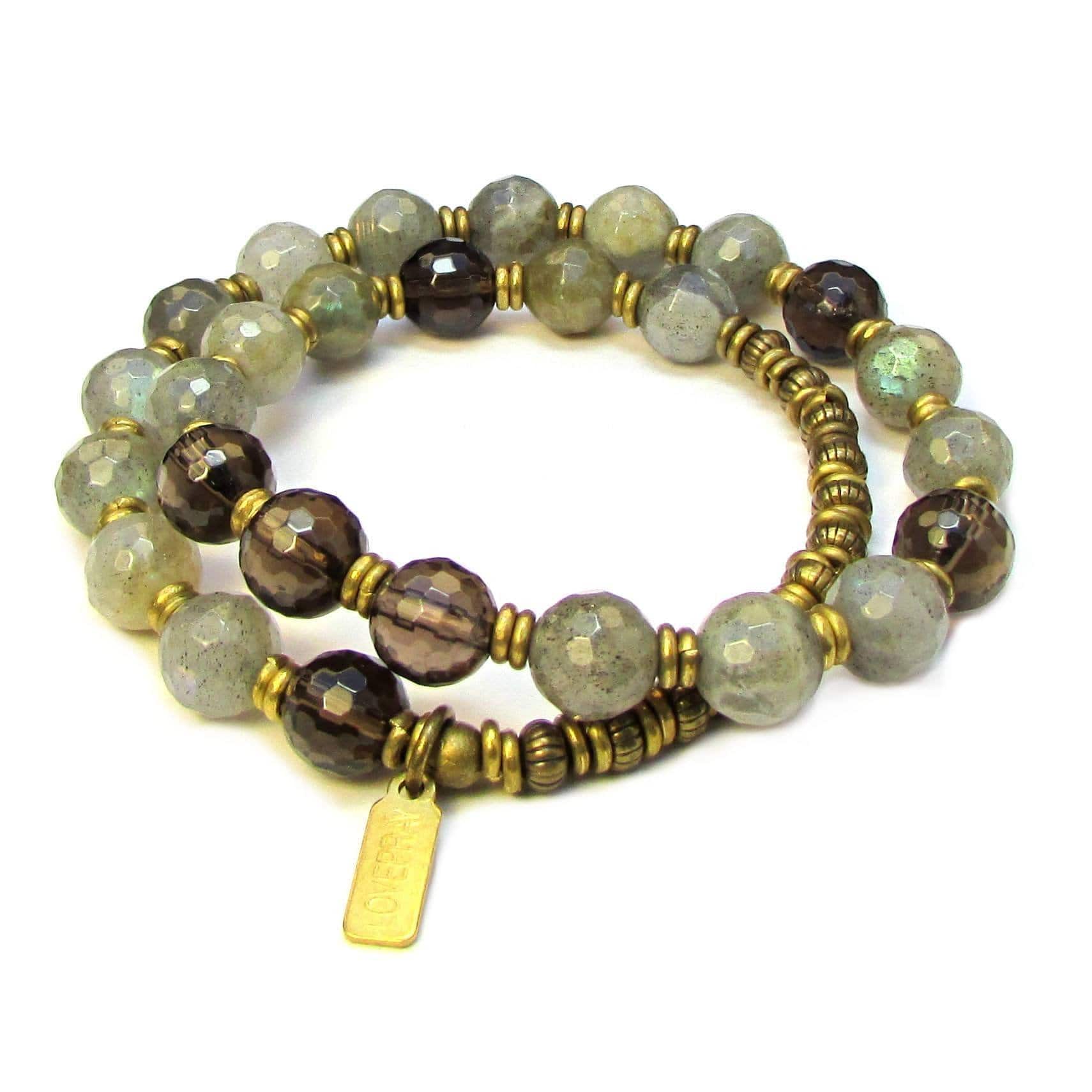 Bracelets - Positivity And Serendipity, Genuine Labradorite And Smoky Quartz 27 Bead Wrap Mala Bracelet