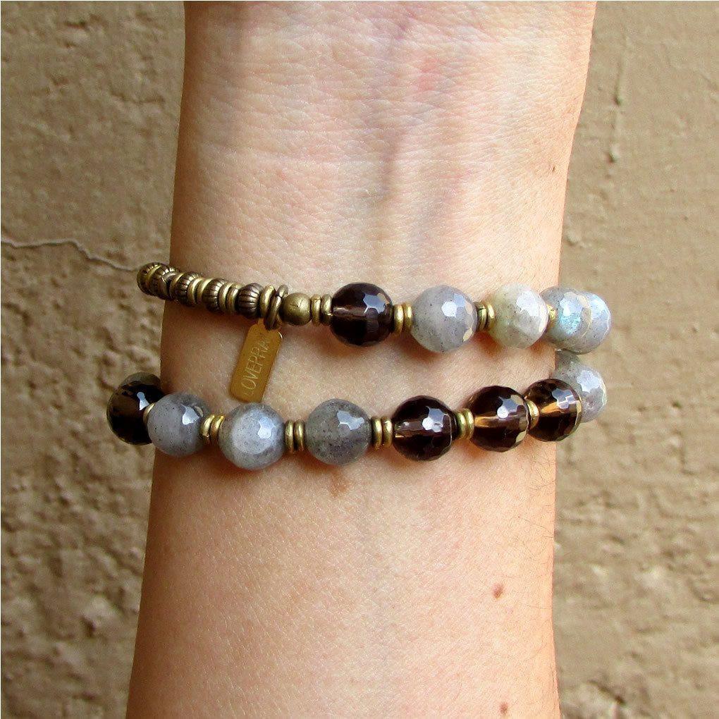 Bracelets - Positivity And Serendipity, Genuine Labradorite And Smoky Quartz 27 Bead Wrap Mala Bracelet